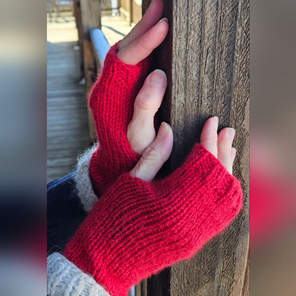 Handknit Red Fingerless Knit Gloves